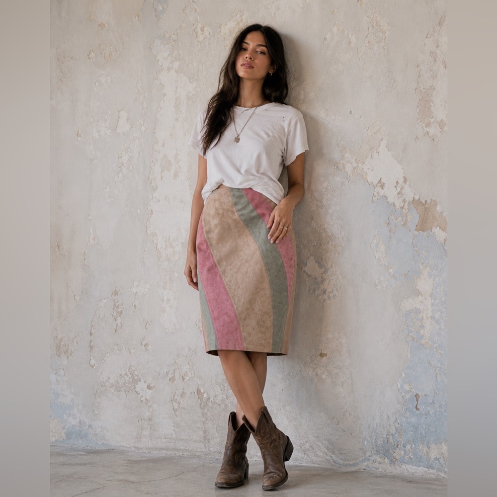 Lillie Rubin leather Pink and Blue Asymmetrical Pencil Skirt 12â